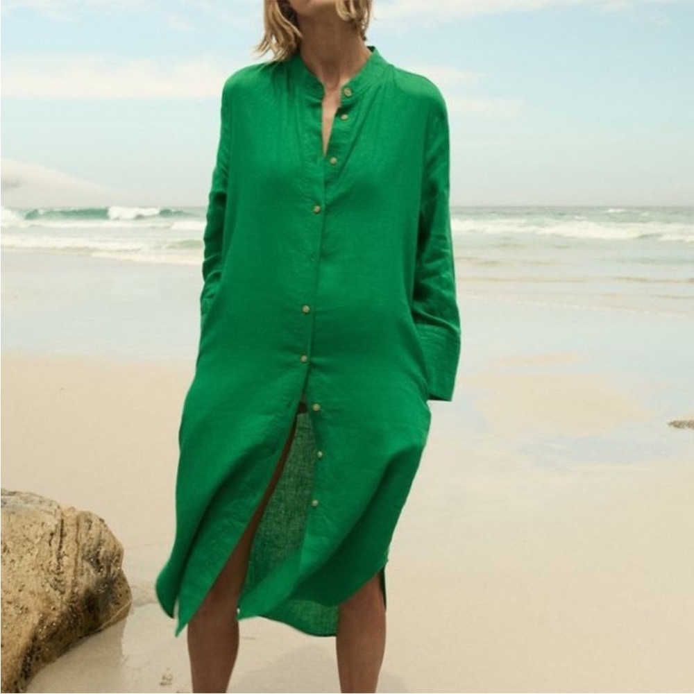 Zara Green Linen Longline Long Sleeve Tunic Button Down Dress Cover Up Small